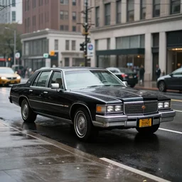 hyper realistic, high detail real life photo of black 1 9 9 2 cadillac de ville, city streets wet, beautiful, dreary lighting