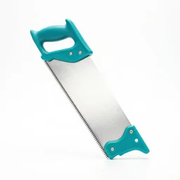 turquoise hand saw, 8k product photo, isolated on a pure white background, centered, entire object in frame, sharp focus, soft studio lighting