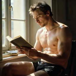 michael fassbender reading a book by the window, bright sunlight shines on his shirtless oil covered skin, he is wearing shorts, painting by gaston bussiere, craig mullins