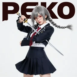 peko pekoyama fashion photo, peko pekoyama danganronpa professional photography, school uniform chic, wearing glasses, gray hair in 2 plaits, red eyes, swordswoman fashion photography, dynamic pose, young and beautiful, magazine cover, japanese facial features