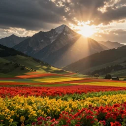 epic landscape of rohan in middle earth, sun shining over the mountains, vast fields, vivid colors, by Bierstadt Albert