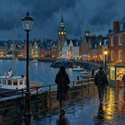 victorian harbour night, rain, a beautiful painting, digital art, overdetailed art, concept art, detailed illustration, hd, 4k, digital art, highly saturated colors, Dan Mumford,  Greg rutkowski, Victo Ngai