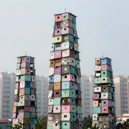 towers made up of makeshift squatter shacks with pastel colours, plain uniform sky at the back, misty, mamiya rb 6 7, ultra sharp, very detailed, photographed by alejandro jodorowsky