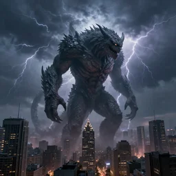 an enormous creature towering over a city during a thunderstorm, 8 k, rtx on,