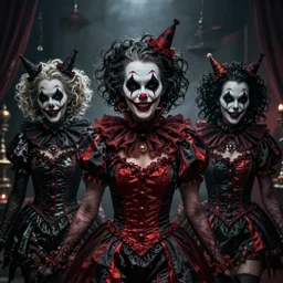 dark circus theme, evil lady wearing clown outfit :: 3 , digital art, evil, gloomy, dark, hyper realistic, detailed artwork, DeviantArt