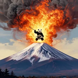 panda doing karate on the top of fuji when fuji erupts with smoke and fire, digital art