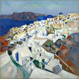 abstract landscape painting of seaside town santorini, by david bomberg, borgeaud, marius borgeaud, sonia delaunay, albert marquet, richard diebenkorn, ilse d'hollander, etel adnan