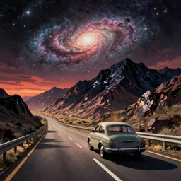 a car driving down a highway, obsidian mountains in the background with a galaxy in the sky, retrofuturistic vintage illustration
