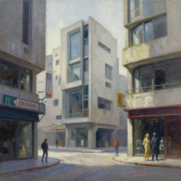 a photograph of a futuristic street scene, brutalist style architecture, straight edges, shop signs, finely detailed oil painting, impasto brush strokes, soft light, 8 k, dramatic composition, dramatic lighting, sharp focus, octane render, masterpiece, by le corbusier and adrian ghenie and jenny saville and zhang jingna