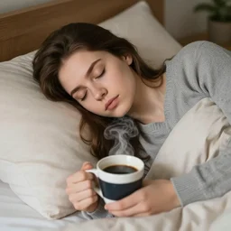 sleepy girl waking up with a steaming cup of coffee