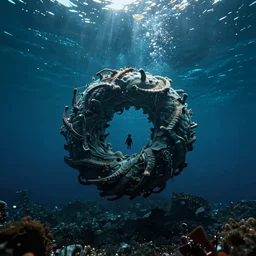 a photo of a a vast underwater with a tiny terminator in the center curled into itself. Cinematic post-processing.