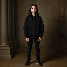 portrait of a long black haired teenager with a black playstation hoodie, full body, renaissance painting, ultra detailed, high resolution, masterpiece