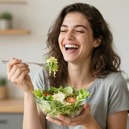 laughing woman holding a bowl of salad
