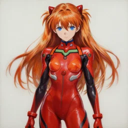 asuka langley soryu is a female mecha pilot with long orange hair and dark blue eyes. her hair is loose with the flanks held in twintails. she wears a tight red latex bodysuit for piloting, stylized with fancy layers and white accents. evangelion character art by thoma greg rutkowski alexandros pyromallis nekro illustrated art by ashley wood, detailed painting, oil on canvas
