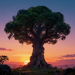 synthwave, giant futuristic tree, sunset, sharp, 4k, 2D