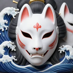 3 d close - up coherent symmetrical aesthetic skull satanic goddess geisha sea waves human skull, beautiful detailed japanese crow kitsune mask and classical japanese kimono highly detailed iridescent accents by wlop tooth wu greg rutkowski alena aenami beeple octane render ultra realistic. teal and gold and white and black
