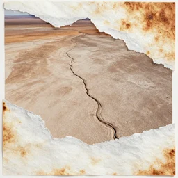 torn paper, dried lakebeds, dried streams, bleached, mars aerial photography,  rusty  white drizzled fibrous peeling collage