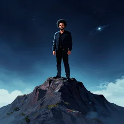 a photo of the weeknd standing on top of a mountain in the middle of space by weta digital, deviantart, artfol, artslant artbox, cgsociety, vaporwave, 8 k uhd concept art, cool
