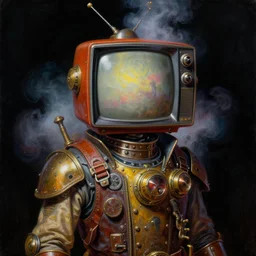 a portrait painting of a steampunk man with a tv for a head. colorful foggy atmosphere, black background. highly detailed science - fiction painting by norman rockwell, moebius, frank frazetta, and syd mead. rich colors, high contrast. artstation