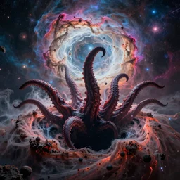 tentacles emerging from a black hole, epic scale, epic scene, cosmic horror, colourful nebula, ray tracing, hyperealistic, rendered in octane