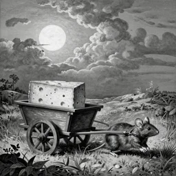 baroque painting of a mouse in a meadow pulling a wooden two wheels cart loaded with a large piece of holed cheese, in the background is a cloudy sky with a bright sun, black and white, in the style of gustave dore dante's inferno