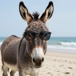a photo of a donkey wearing cool sunglasses at the beach, 8k, hyper-detailed