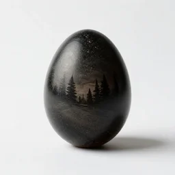 a black patterned egg againt a white background by rene magritte