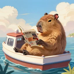 a capibara reading a magazine while chilling on its gigantic boat, sunny weather, digital painting, high gradient, beautiful lighting, trending on art station, intricate detail, 8k