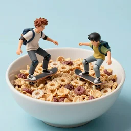 mogwai gizmo and rufio skateboarding inside a cereal bowl, movie still, 8 k, hd, from the new honey i shrunk the kids movie