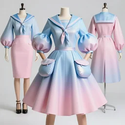 designer figure collection ball shaped accordion sleeve haute couture, sailor uniform, midi skirt, coat, synthetic curves striking pose, dynamic folds, cute huge pockets, volume flutter, youthful, modeled by modern designer bust, body fitted dart manipulation, award fashion, picton blue, petal pink gradient scheme, holographic tones, expert composition, professional retouch, editorial photography