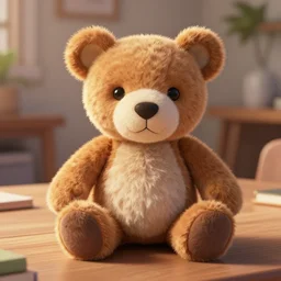 a close up of a stuffed animal on a table, a raytraced image by pixar, trending on cgsociety, photorealism, rendered in unreal engine, rendered in maya, rendered in cinema 4 d
