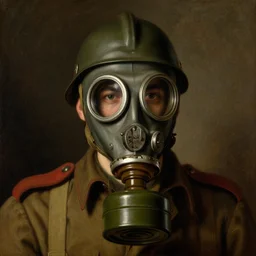 portrait painting of a American ww1 soldier with gas mask by George Stubbs, renaissance painting, oil painting, old master, Close up