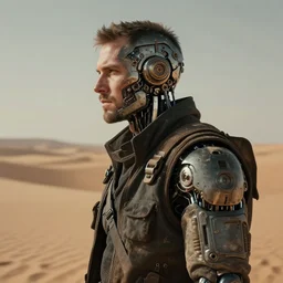 a rugged engineer man with cybernetic enhancements lost in the desert, scifi character portrait by greg rutkowski, esuthio, craig mullins, 1 / 4 headshot, cinematic lighting, dystopian scifi gear, gloomy, profile picture, mechanical, half robot, implants, steampunk