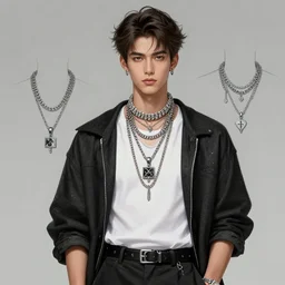a character model design of a handsome young man wearing excessive jewelry in a tasteful way