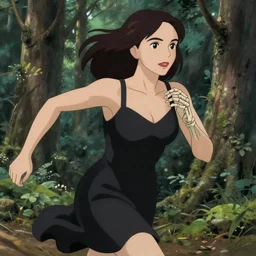drawing of monica bellucci wearing a black dress, running in the forest, skeleton fingers, beautiful face, beautiful eyes, beautiful lips, elegant, beautiful, cinematic lighting, studio ghibli