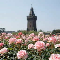 photo of a beautiful field of roses with a dark tower in the center. golden hour. photorealism. 4 k. national geographic. dof