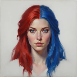 A detailed matte oil on canvas head on symmetrical portrait of a distinguished elven woman with split red hair left and blue hair  on an empty background,  by Charlie bowater, Wlop, trending on artstationhd,  dungeons and dragons art,  half & half hair, split dye, critical role
