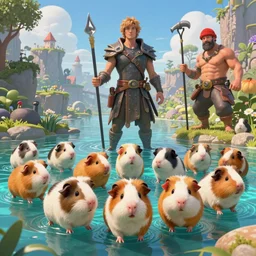 hyper realistic cute guineapigs everywhere, waterworld by simon stalenhag, frank frazetta, greg rutkowski, beeple, yoko taro, christian macnevin, wlop and krenz cushart, epic fantasy character art, volumetric outdoor lighting, midday, high fantasy, cgsociety, cheerful colours, full length, exquisite detail, post - processing, masterpiece, cinematic