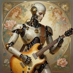 portrait of a guitarr, robot steampunk, floral! horizon zero dawn machine, intricate, elegant, highly detailed, ray tracing, digital painting, artstation, concept art, smooth, sharp focus, illustration, art by artgerm and greg rutkowski and alphonse mucha, 8 k