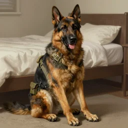 a wounded humanoid german shepherd beast - man in military style, sitting on the carpeted floor beside a bed, highly detailed portrait, digital painting, artstation, concept art, smooth, sharp foccus ilustration, artstation