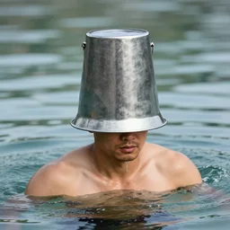 Extremely buff man wearing a steel bucket on his head which completely covers it, emerging from the water