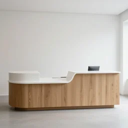 a minimalistic service counter elegant, timber and white corian, by school of design