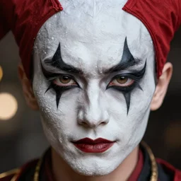 incredibly realistic, too detailed face of evil hisoka, jester makeup, detailed eyes, octane render, bump mapping, macro image, global illumination, 8 k, bokeh, enki bilal, yuji himukai, jen zee, peter mohrbacher