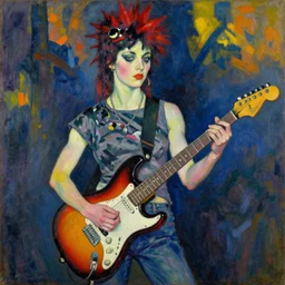 Punk Punk Punk girl playing electric guitar, oil painting by Egon Schiele, masterpiece