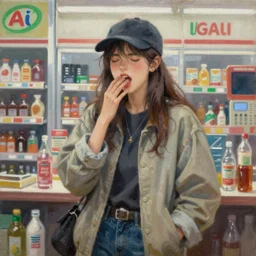 A ultradetailed beautiful panting of a stylish girl wearing streetwear in a convenience store, Oil painting, by Ilya Kuvshinov, Greg Rutkowski and Makoto Shinkai