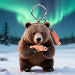 keychain of a realistic bear eating a salmon under the northern lights