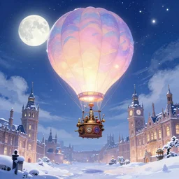 illustration for a love greeting card, anime cartoon of hot - air balloon, sky, winter, snow, night, moon, victorian london, steampunk, by noah bradley and nicoletta ceccoli, dynamic lighting, beautiful, dream, 4 k, award winning, lovely pastel colors, ethereal, elegant, artstation, illustration, digital paint, matte paint, vivid