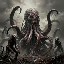 historic photo of horrific lovecraftian tentacle monsters, eldritch abominations, grotesque, horror, distressed old photo, realistic