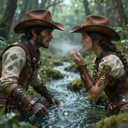 love between speech breath steampunk cowboy loving nature is a long river flowing in world of dew, and within every dewdrop a world of struggle fantasy intricate elegant under, lush volumetric lighting 3 d modelling