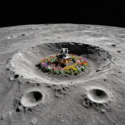 a landscape on the moon with many craters, barren moon landscape, a broken moon lander, in a big crater at the center there is a beautiful flowering garden, 8 k, lowbrow in the style of roger dean and martin johnson heade,
